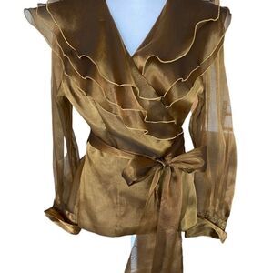 Hampton Nites Vintage Gold Chiffon Ruffled Wrap Blouse‎ Sz M/L